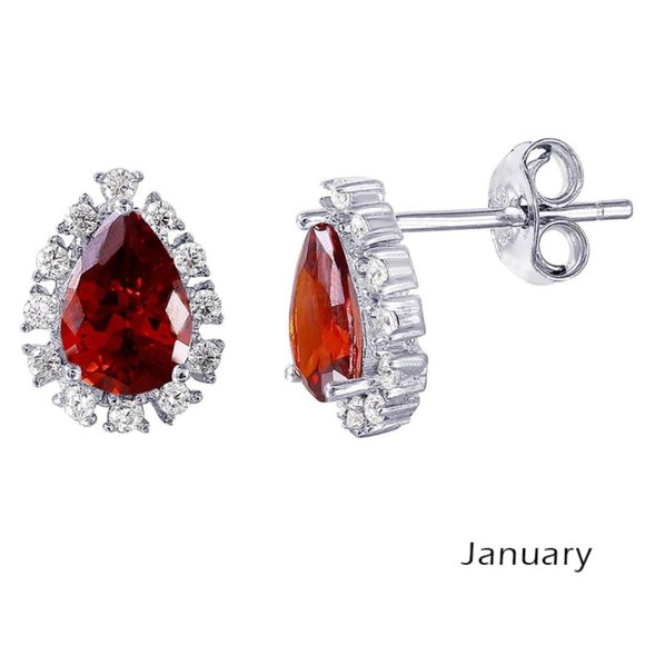 Sterling Silver 925 Rhodium Plated Teardrop Halo CZ Birthstone Earrings January